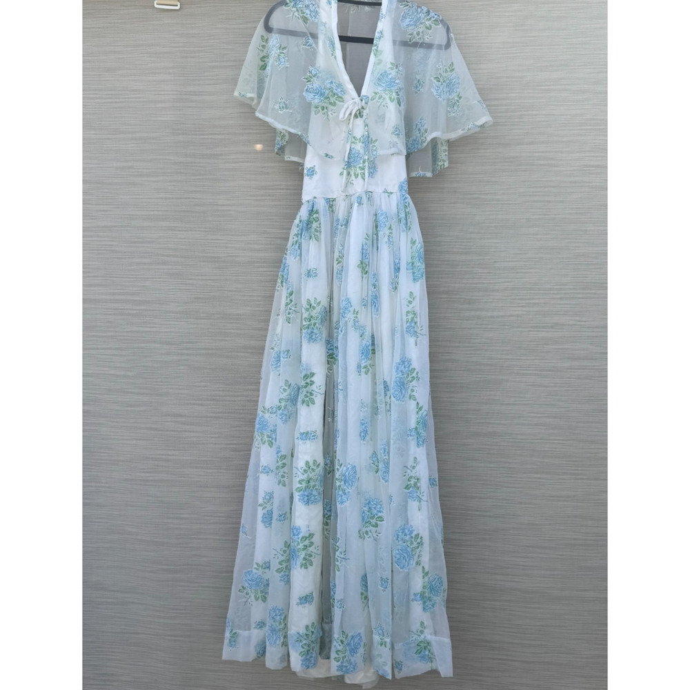 Vintage Floral Halter Maxi Dress with Sheer Cape Romantic Satin Gown Low Back XS - Picture 4 of 10
